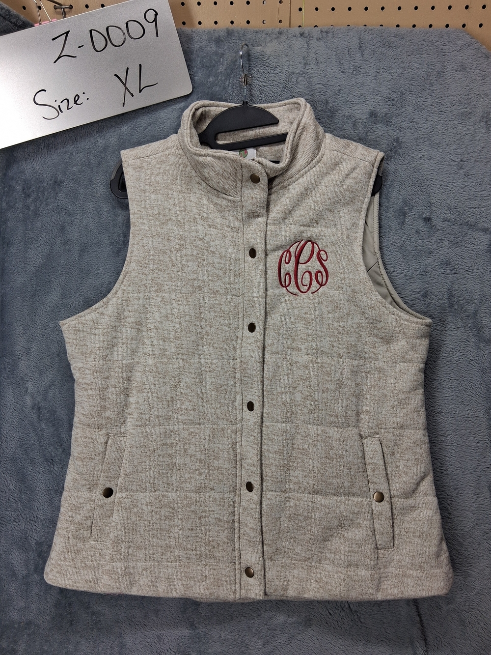 Heathered Cream Quilted Sleeveless Vest with Red Monogram CCS